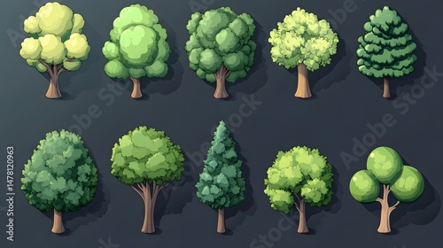 Cartoon sprites iconsgreen trees.. Perspective top view