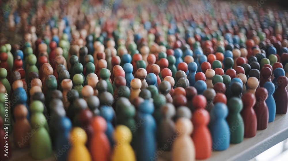 Fototapeta premium A colorful array of wooden figurines grouped together, showcasing diversity and community spirit.