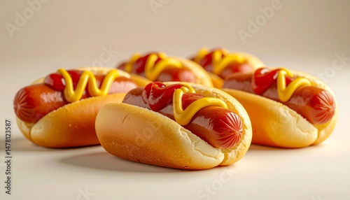 Realistic Close-Up of Mini Hotdogs in Buns with Ketchup and Mustard, Finger Foods Isolated on Neutral Background, High Detail Snack Food with Soft Shadows and Texture