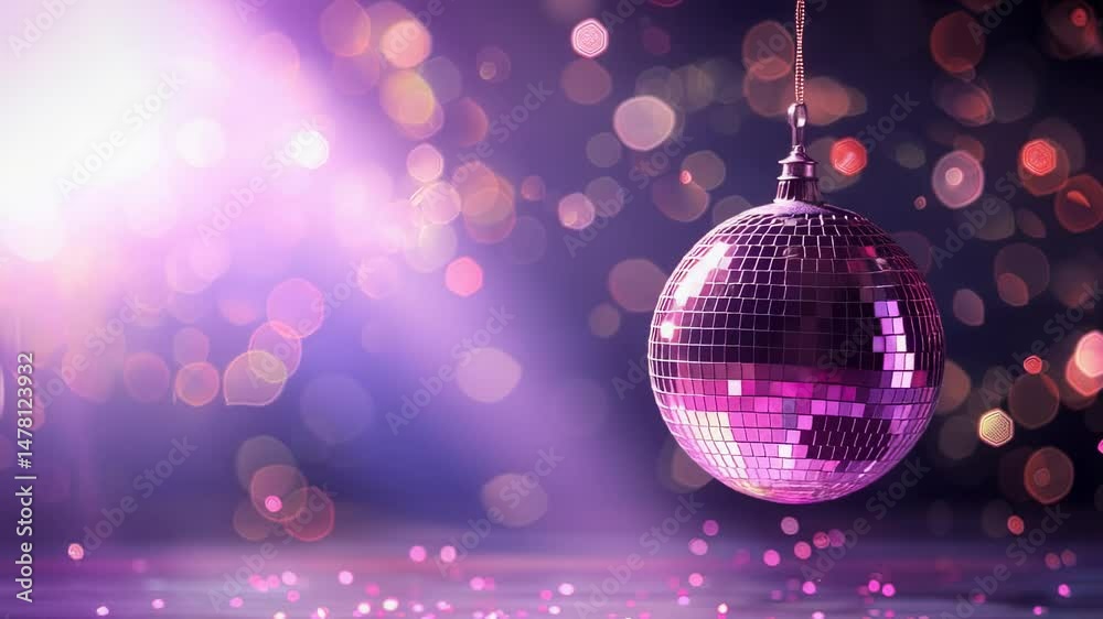Shiny disco ball with bokeh lights in purple and pink, creating a festive atmosphere