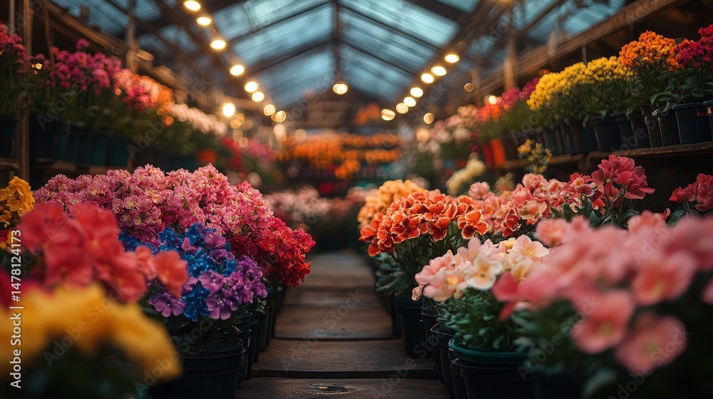 Obraz premium Colorful floral display within a greenhouse setting.