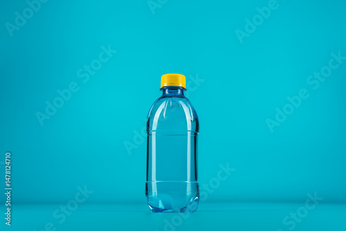 Plastic water bottle with yellow cap on the blue background. Minimalist photo of water bottle with central composition.