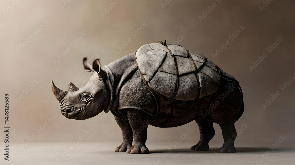 Fototapeta premium A rhino carries a large, protective shell-like pack. It stands in profile against a muted background