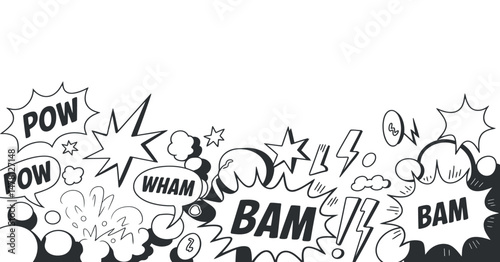 Black and White Comic Book Style Speech Bubbles and Sound Effects Border