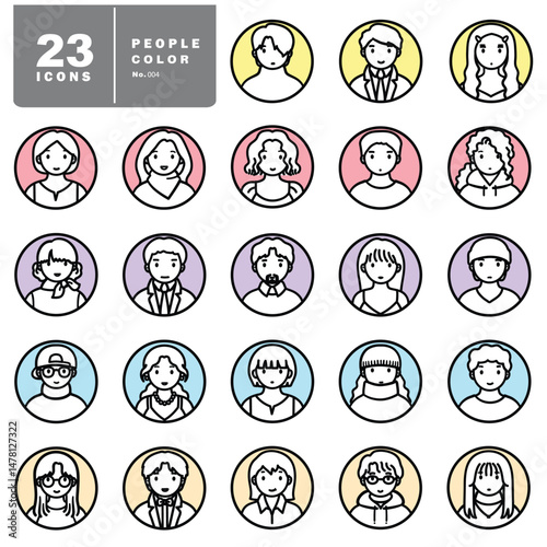 Round avatar profile picture of a human man and woman vector set background colorful cartoon line minimal theme