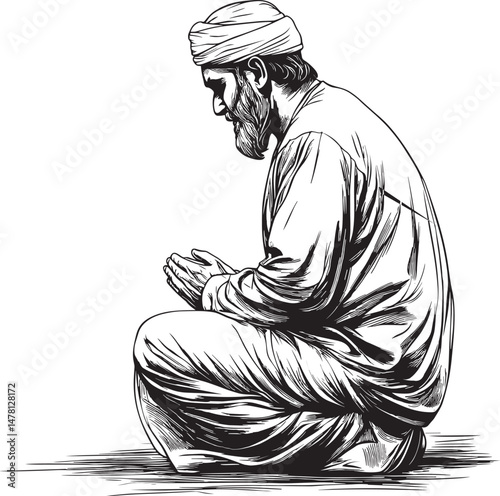 Muslim Man Praying – Islamic Line Art Illustration in Traditional Clothing and Peaceful Sitting Posture