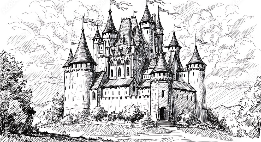 Obraz premium Drawing of Medieval Castle with Towers and Flags