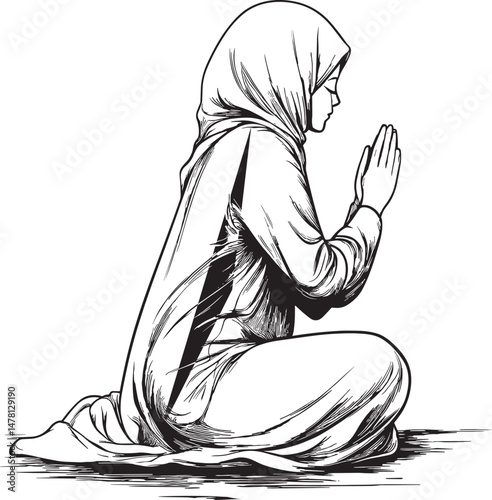 Muslim Man Praying – Islamic Line Art Illustration in Traditional Clothing and Peaceful Sitting Posture