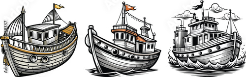 Collection of hand-drawn vintage fishing boats