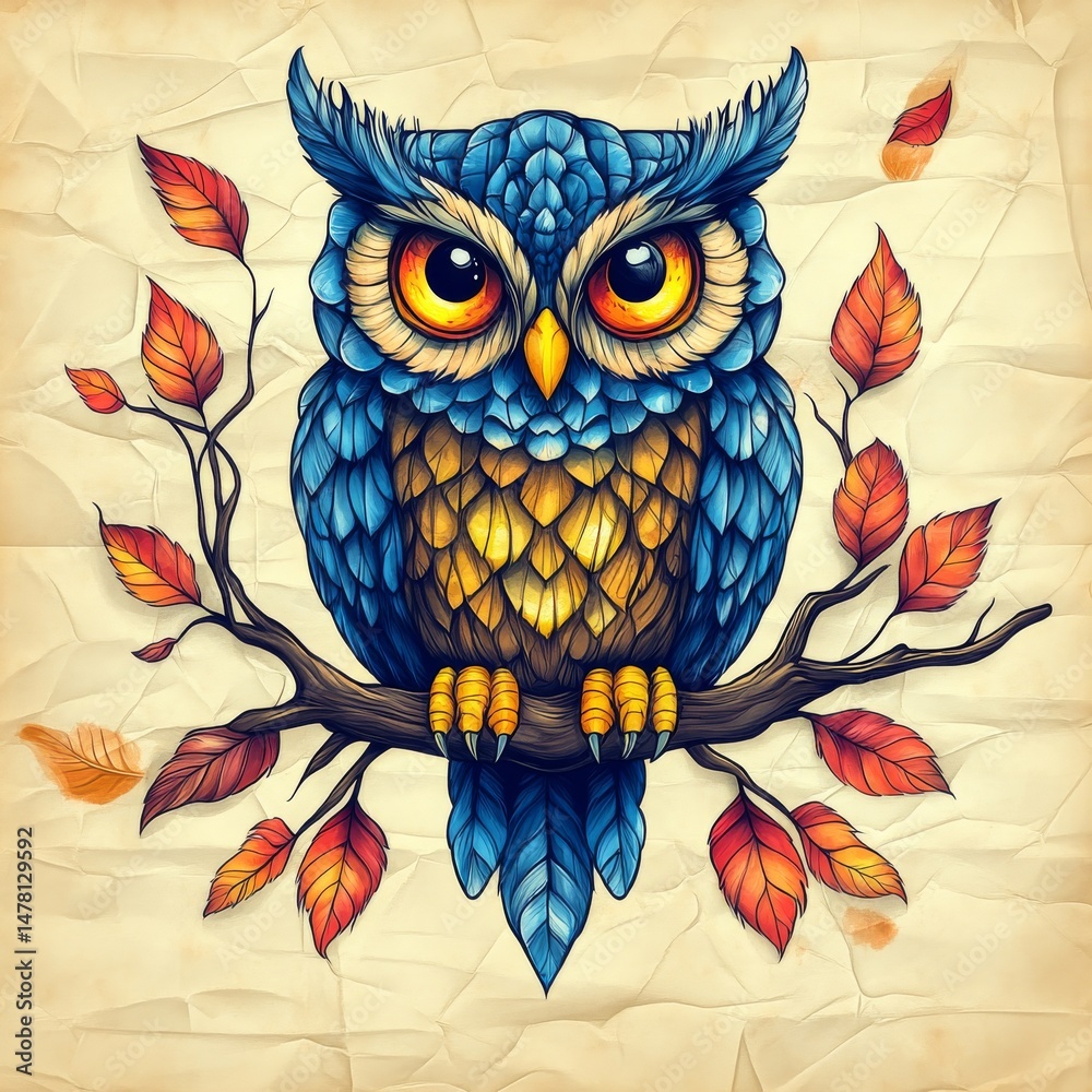 Naklejka premium This watercolor artwork features a majestic owl situated in a serene forest setting