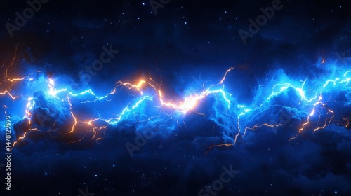 Dramatic lightning strike illuminates dark storm clouds in starry night sky