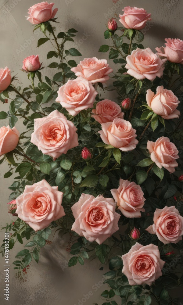 Fototapeta premium Artificial vintage roses, lush blooms, textured wall , events, party, texture