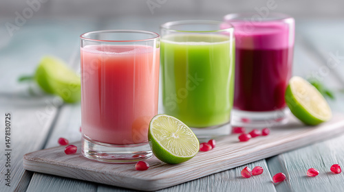 Drei bunte Smoothies in Gläsern mit Limettenscheiben und Beeren auf Holzuntergrund