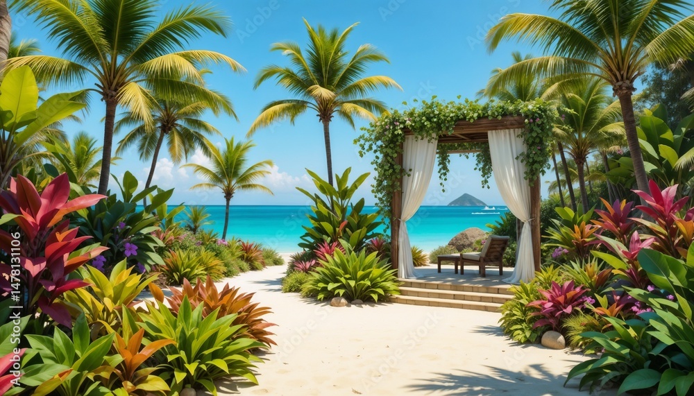 Fototapeta premium Tropical beach scene with vibrant flowers and palm trees by the ocean 