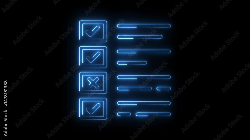 Glowing checklist with checkmarks and rejection icon on black background animation