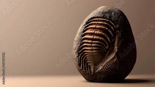 Ancient, fossilized egg-shaped creature, intricate detail.  Complex, ribbed, and segmented, with a dark, earthy tone, and subtle highlights