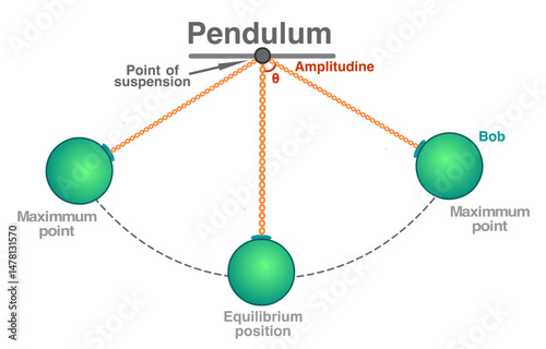 Pendulum movement diagram, energy. Point suspension, mass of the bob, gravity and the tension in the string. Pendulum motion, bob.  Vector illustration