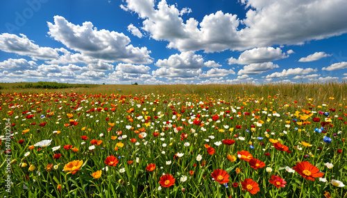 Le champ de fleurs multicolores sous un ciel bleu