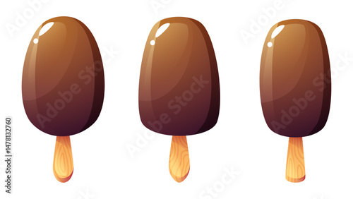 Ice cream on a wooden stick, popsicle, plombir. Set of ice cream with glaze with dark chocolate, different shapes. Chocolate summer dessert. Summer theme design.