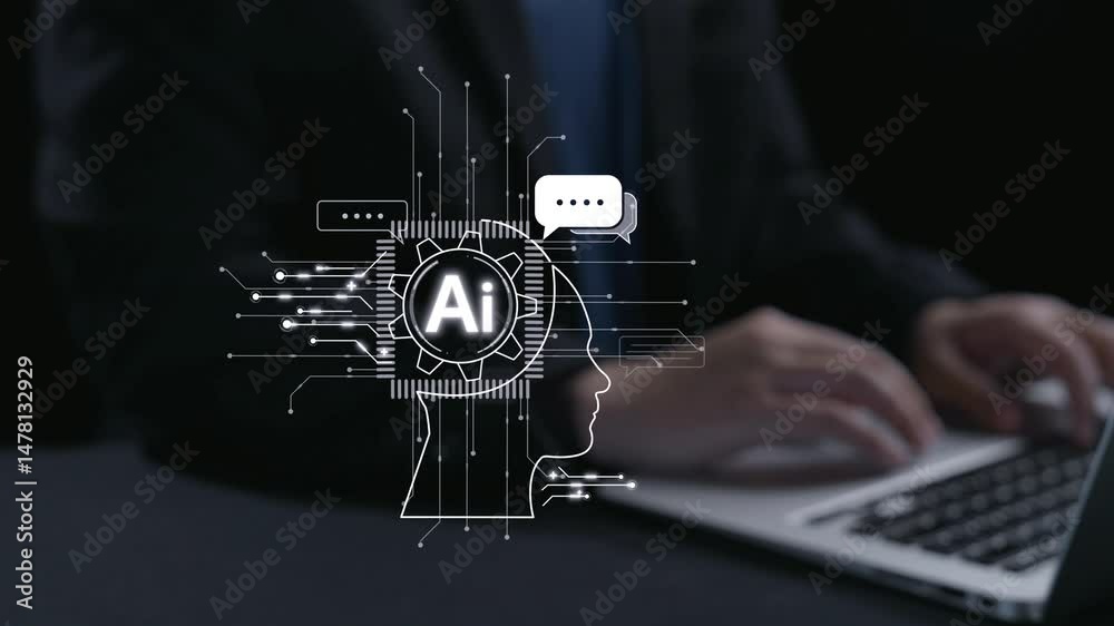 Human interact with AI artificial intelligence brain processor in concept of AI artificial intelligence engineering, big data and AI machine learning to use generative AI for business support. UUID