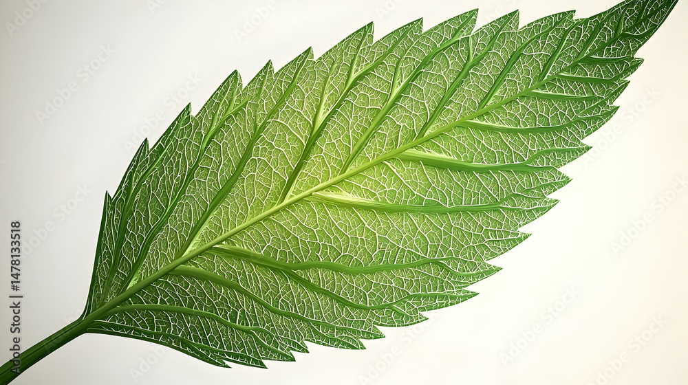 Obraz premium Detailed close-up of a vibrant green leaf, showcasing intricate veins and serrated edges. The leaf's structure is clearly visible against a neutral background