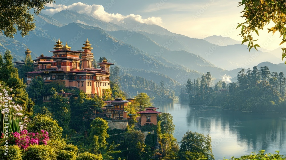Fototapeta premium Majestic monastery nestled in a valley, serene lake, and misty mountains