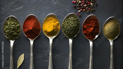 Different types of spices in a stainless steel spoon- Chili powder,coriander,cumin,turmeric,Curry powder