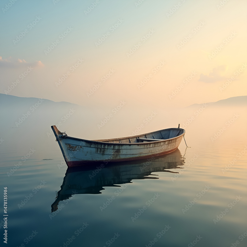Naklejka premium Fishing boat at dawn in calm sea