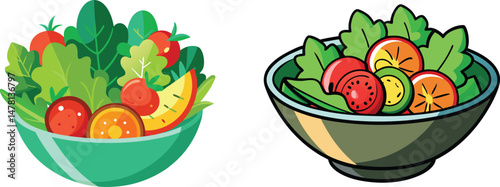 Two vibrant salad bowls filled with fresh vegetables and greens illustration