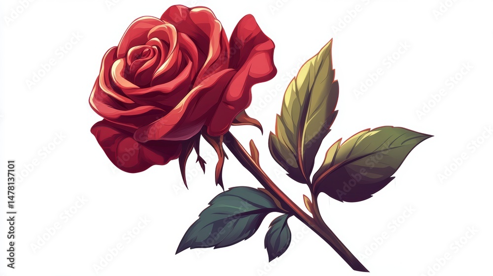 Fototapeta premium Single red rose with stem and leaves isolated on white background.
