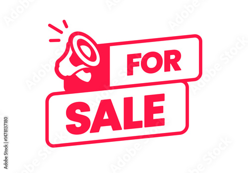 Red Label Or Sticker With Megaphone Icon. For Sale Concept