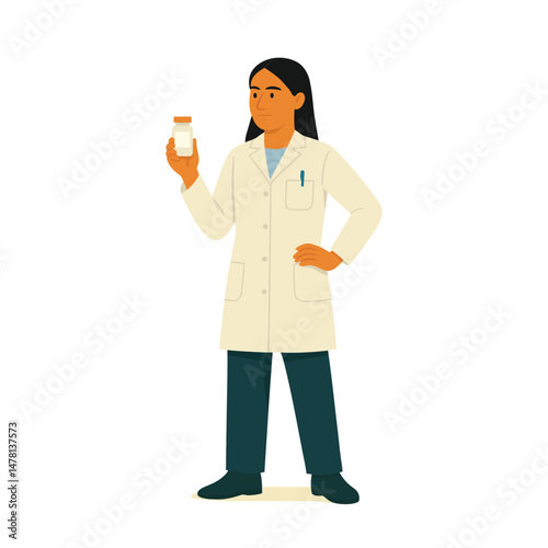 Flat style female scientist or pharmacist holding medicine jar – vector illustration for healthcare, chemistry, and biotechnology
