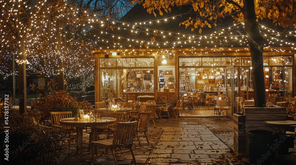 Obraz premium Cozy outdoor cafe with twinkling lights at dusk, inviting atmosphere for relaxation and socializing
