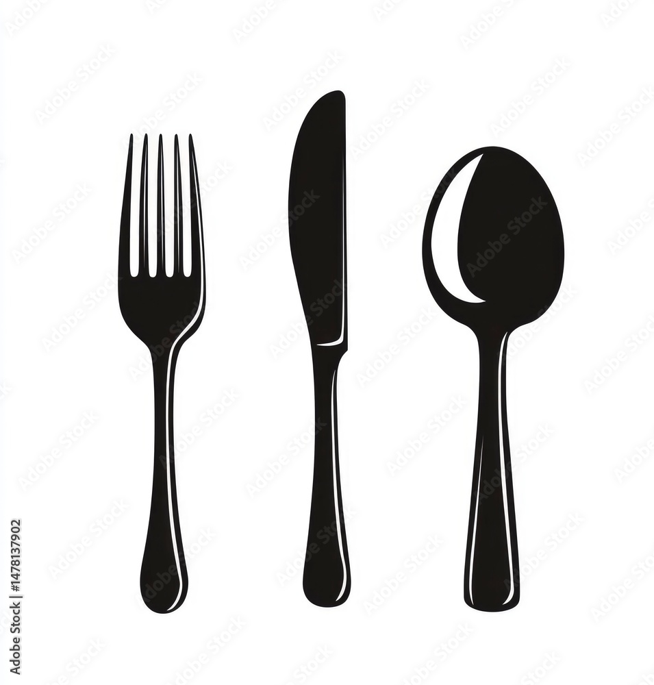 Classic Cutlery: Elegant Black Silhouette of Fork, Knife, and Spoon Classic Cutlery: Elegant Black Silhouette of Fork, Knife, and Spoon