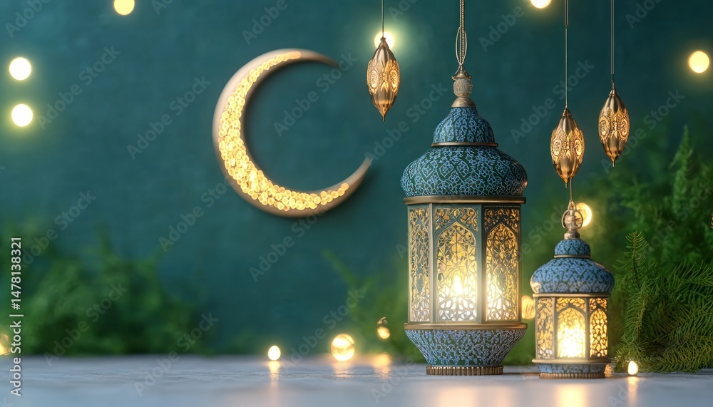 Fototapeta premium Ramadan lanterns, crescent moon, and teal background