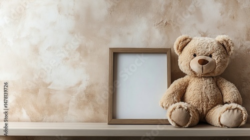 An adorable teddy bear sits beside a picture frame that has no picture in it on a wooden surface