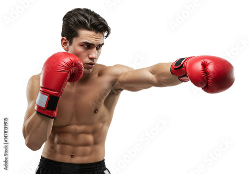 Muscular boxer throwing punch motion, isolated on pure white background, no shadows.
