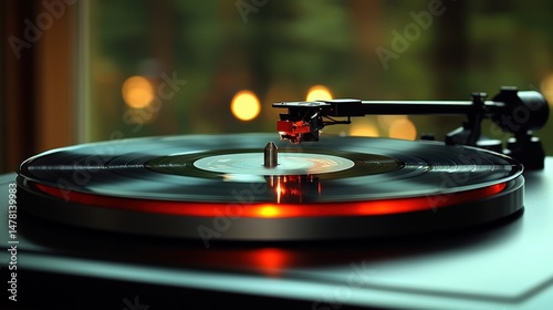 Close-up view of a vintage record player in operation.