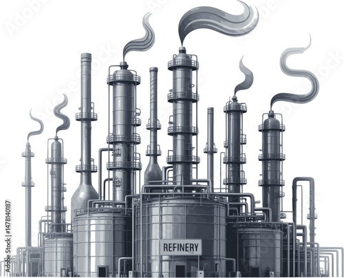 Oil Refinery Vector Illustration – Industrial Petroleum Plant, Oil Processing Facility, Petrochemical Complex