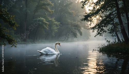 Fototapeta Naklejka Na Ścianę i Meble -  Le cygne solitaire dans la brume matinale