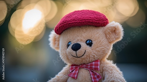 The image features a cute teddy bear in a red cap positioned on a fluffy background with softly focused bokeh lights