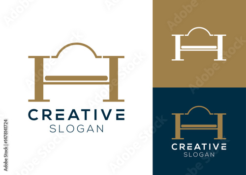 Letter H with luxury bed logo design for furniture and hotel
