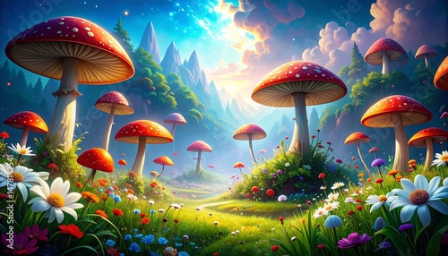 fantastic wonderland landscape with mushrooms lilies flowers