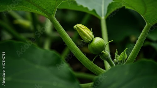 Close up macro of young green pumpkin plant with flower bud and immature fruit growing in garden. Vegetable agriculture, organic gardening and food cultivation concept. National Pumpkin Day October 26