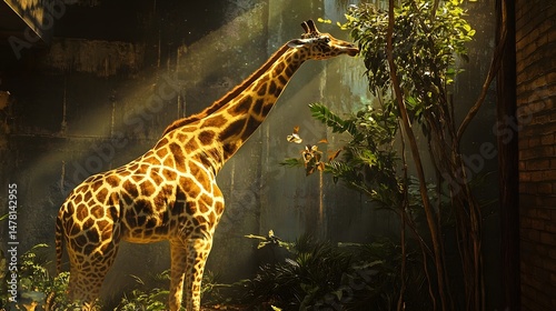 An artistic capture of a giraffe reaching for leaves in a zoo with a whimsical twist