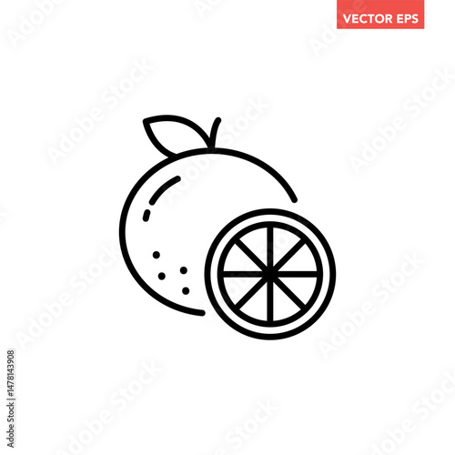 Black single orange with cut slice piece line icon, simple fresh juicy fruit flat design pictogram, infographic vector for app logo web button ui ux interface elements isolated on white background