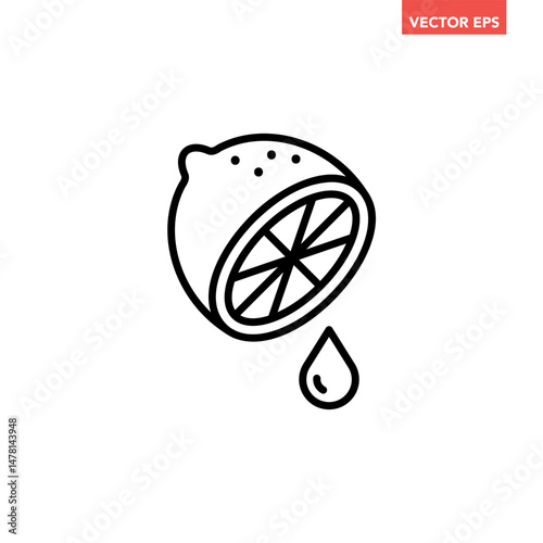 Black single cut lemon line icon, simple fresh juicy fruit flat design pictogram, infographic vector for app logo web button ui ux interface elements isolated on white background