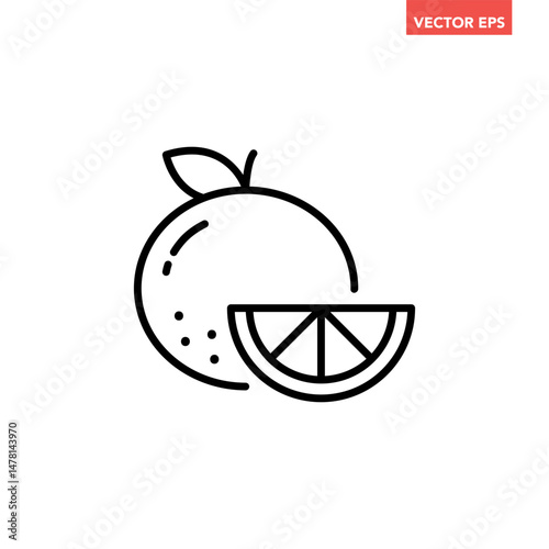 Black single orange with cut slice piece line icon, simple fresh juicy fruit flat design pictogram, infographic vector for app logo web button ui ux interface elements isolated on white background