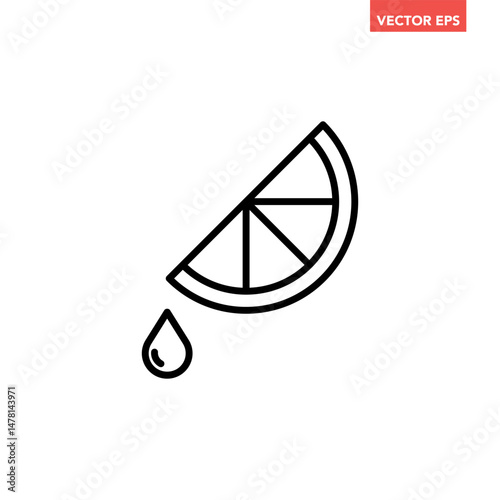 Black single lemon slice piece line icon, simple fresh juicy fruit flat design pictogram, infographic vector for app logo web button ui ux interface elements isolated on white background