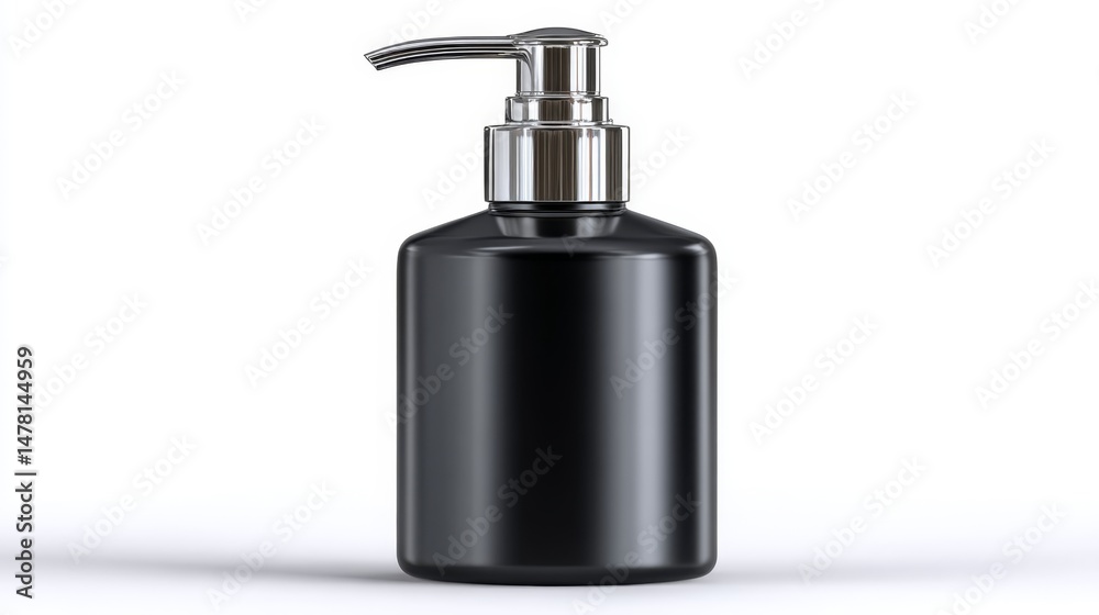 Obraz premium Black cosmetic pump bottle with chrome dispenser on white background.
